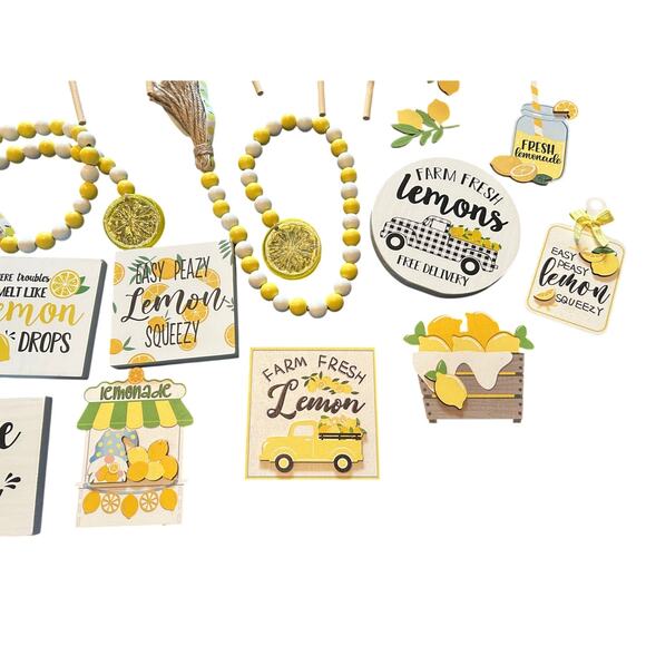 GUC Lot of Lemon Decor Tiered Tray Decor Includes Table Runner Signs Beads - Picture 4 of 6